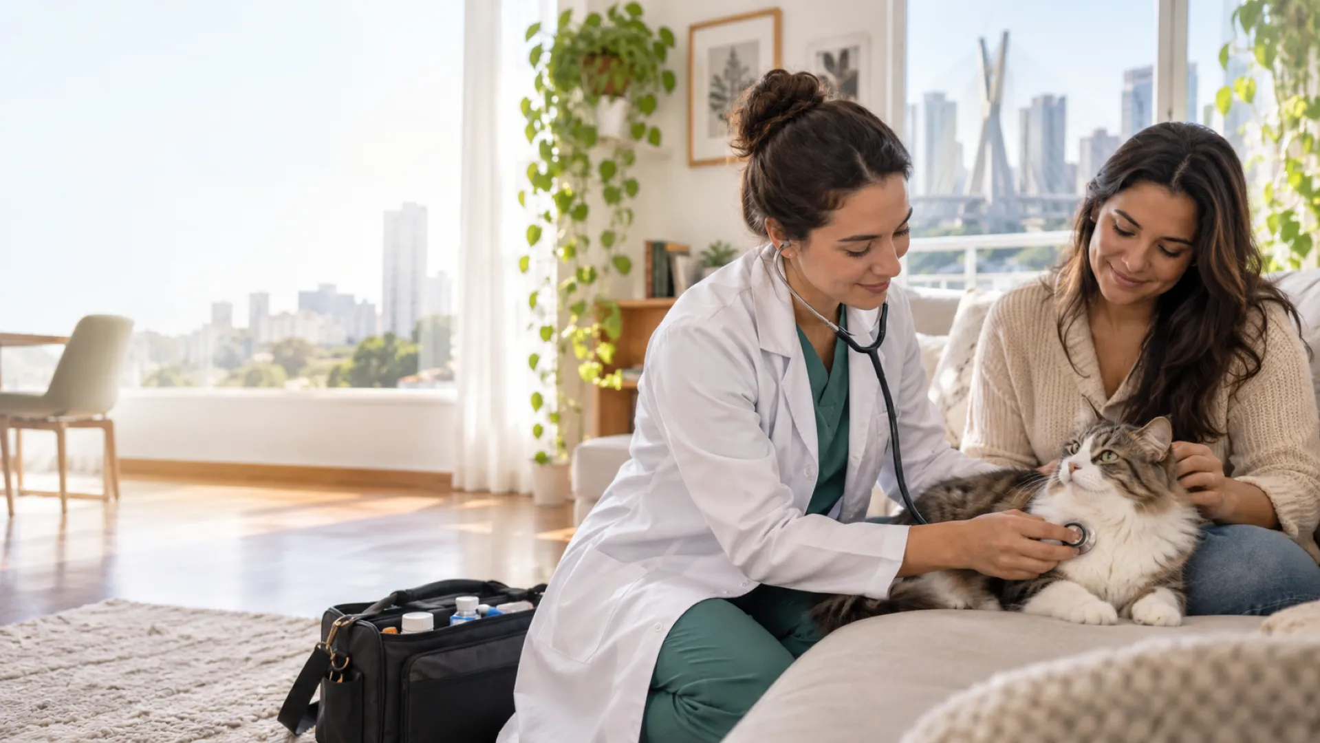 Veterinária examinando um gato no sofá da casa do tutor durante atendimento domiciliar