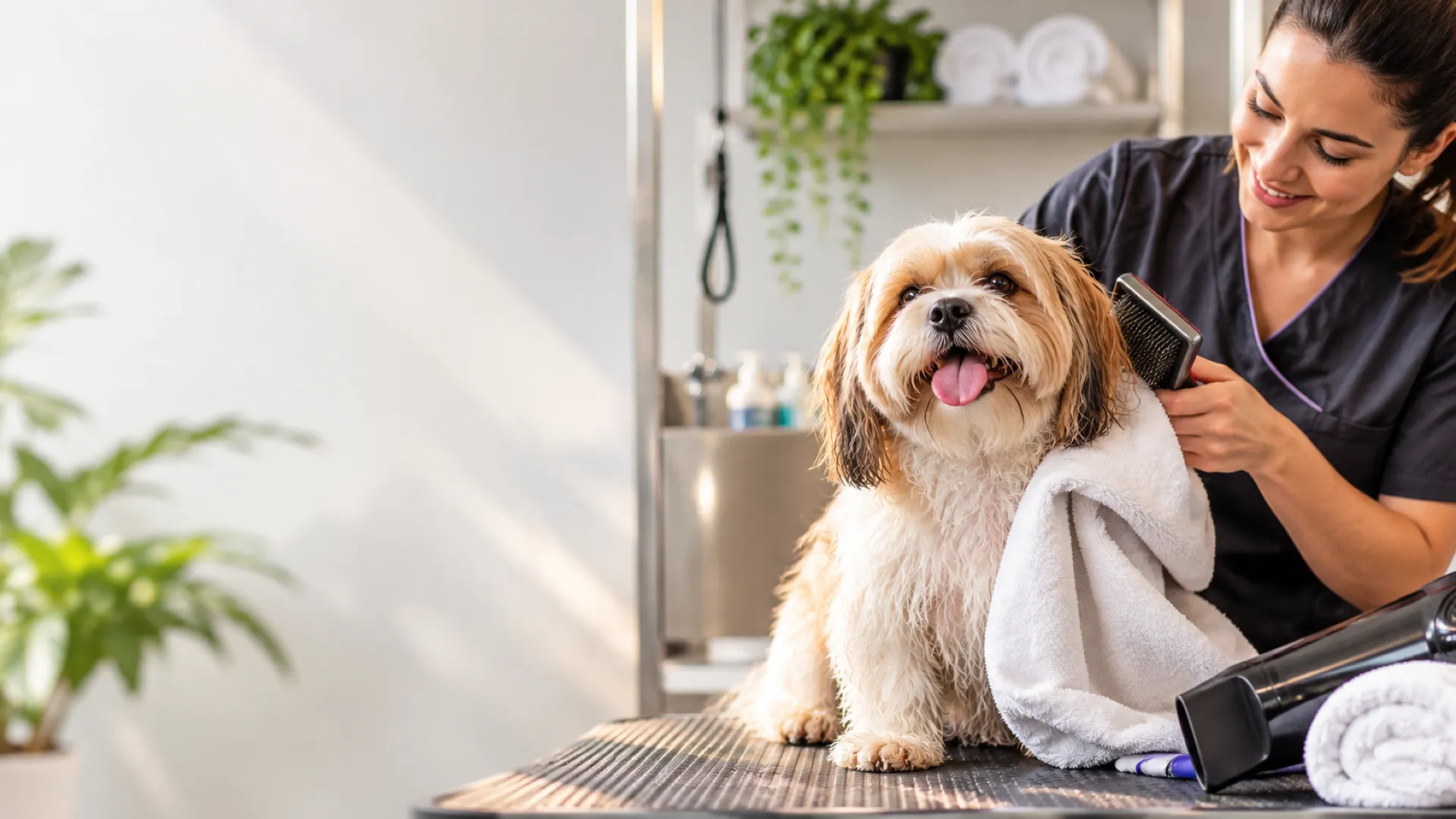 Cão de pelo longo sendo secado após o banho por profissional de banho e tosa