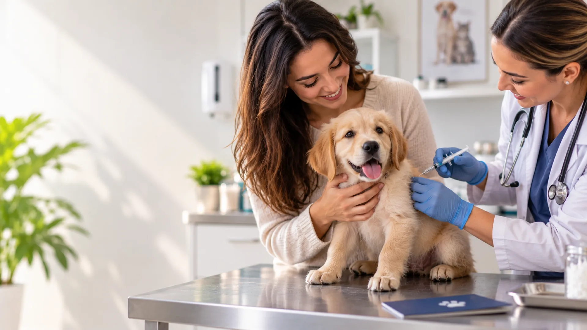 Veterinária aplicando vacina em um filhote de cachorro durante consulta