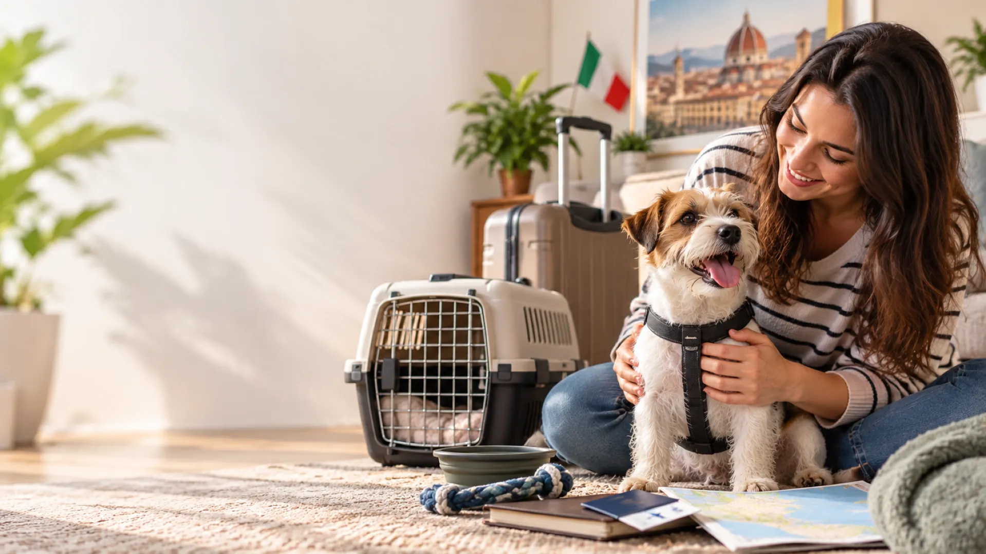 Cachorro dentro de caixa de transporte ao lado de malas, pronto para uma viagem internacional