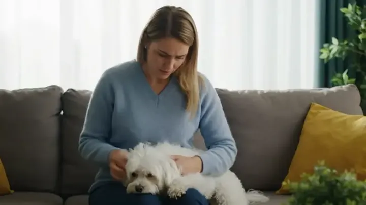 Tutora acariciando o seu cão branco no sofá de casa